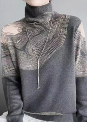 French Grey Turtleneck Striped Wool Knit Sweaters Long Sleeve