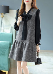 French Grey V Neck Bow Patchwork Wrinkled Mid Dresses Long Sleeve