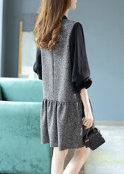 French Grey V Neck Bow Patchwork Wrinkled Mid Dresses Long Sleeve