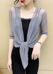 French Grey V Neck Lace Up Tulle Cardigan Summer