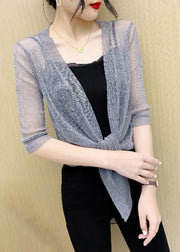 French Grey V Neck Lace Up Tulle Cardigan Summer