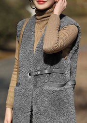 French Grey V Neck Pockets Patchwork Wool Vest Sleeveless