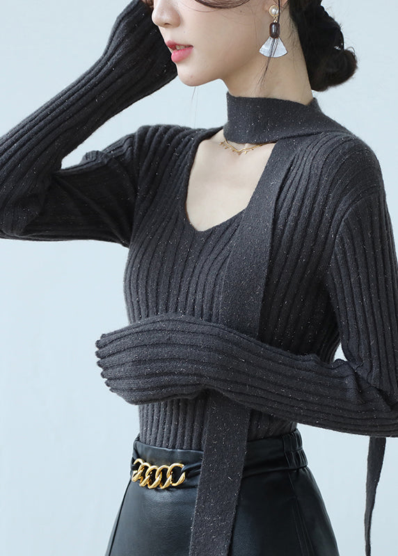 French Grey V Neck Ribbon Knit Sweaters Spring