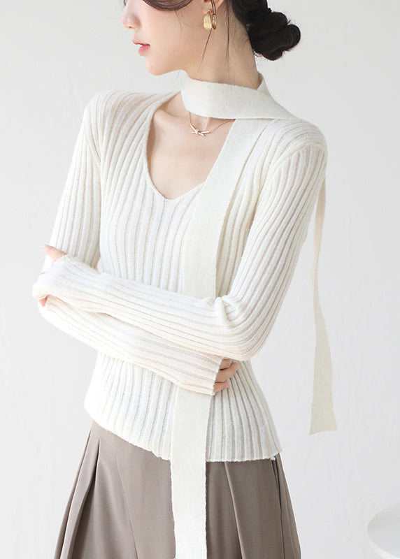 French Grey V Neck Ribbon Knit Sweaters Spring