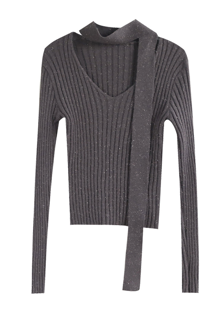 French Grey V Neck Ribbon Knit Sweaters Spring