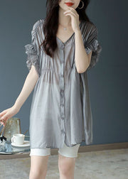 French Grey V Neck Ruffles Wrinkled Silk Blouse Tops Short Sleeve