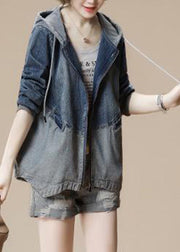 French Grey Zippered Patchwork Hoodie Denim Coats Fall