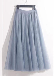 French Haze Blue Elastic Waist Tulle Pleated Skirt Summer