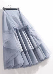 French Haze Blue Elastic Waist Tulle Pleated Skirt Summer