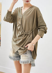 French Khaki Asymmetrical Design Cotton Blouses Fall