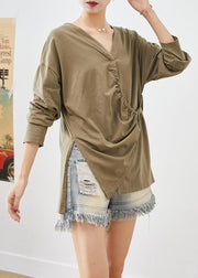 French Khaki Asymmetrical Design Cotton Blouses Fall