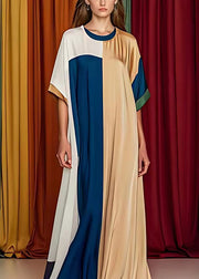 French Khaki Asymmetrical Patchwork Silk Dresses Half Sleeve