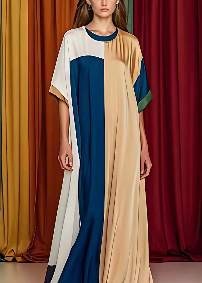 French Khaki Asymmetrical Patchwork Silk Dresses Half Sleeve