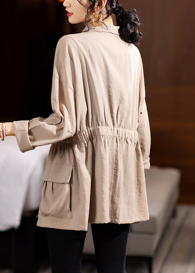 French Khaki Button Pockets Patchwork Cotton Thin Coats Fall