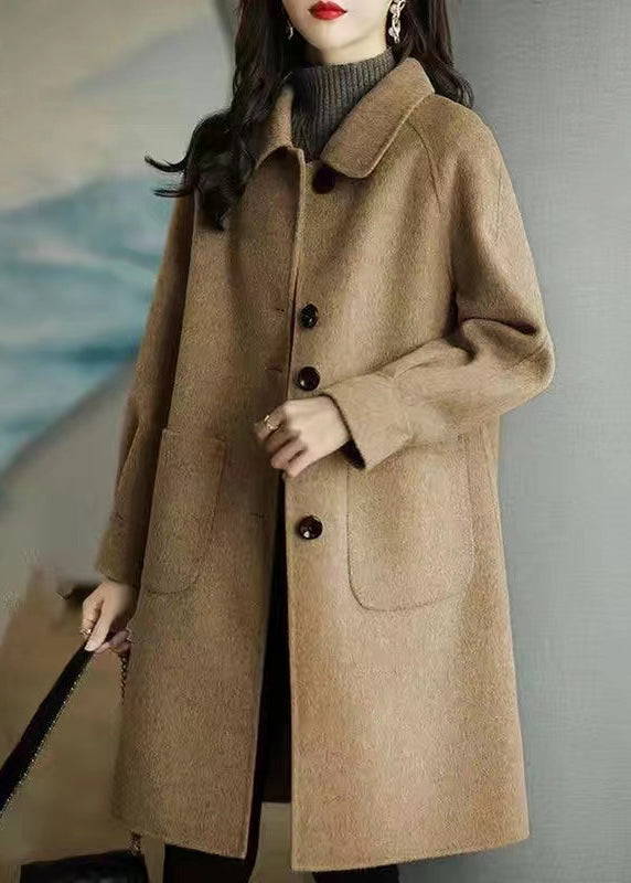 French Khaki Button Pockets Patchwork Thick Woolen Coats Fall