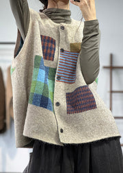 French Khaki Button Print Woolen Waistcoat Sleeveless