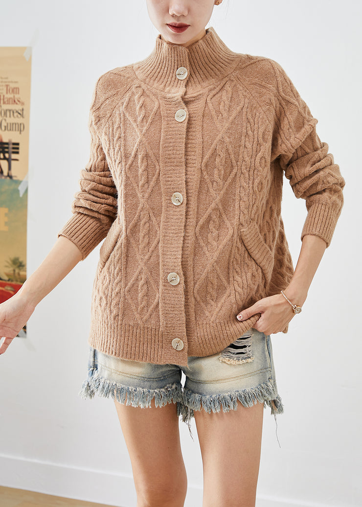 French Khaki High Neck Button Down Knit Sweater Winter