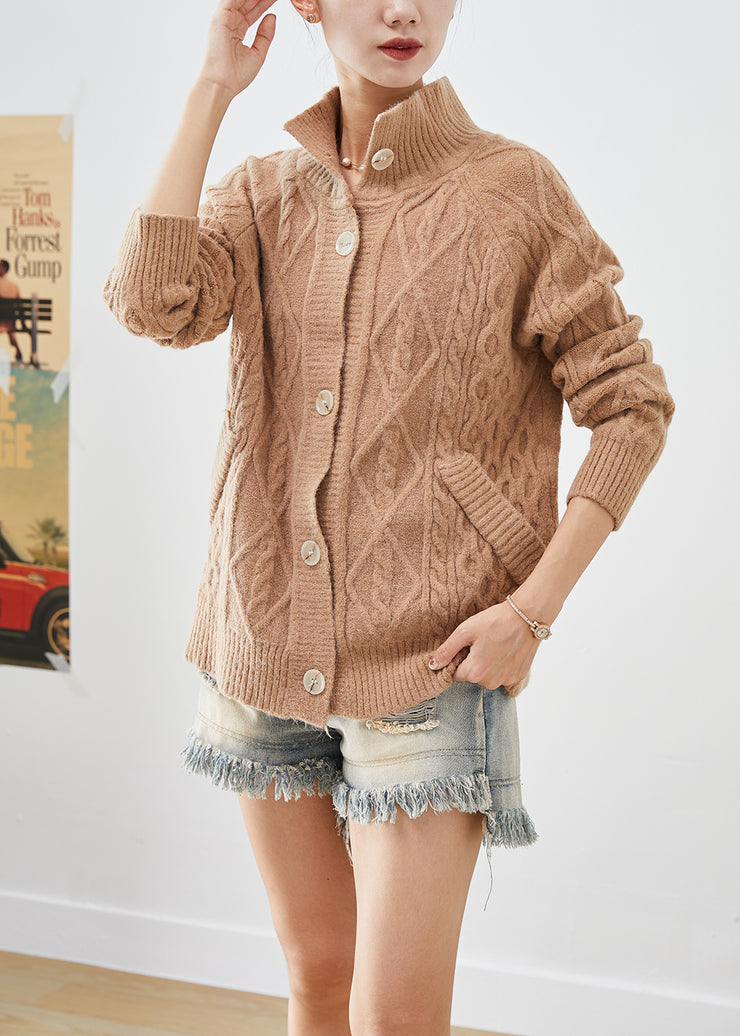 French Khaki High Neck Button Down Knit Sweater Winter