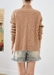 French Khaki High Neck Button Down Knit Sweater Winter