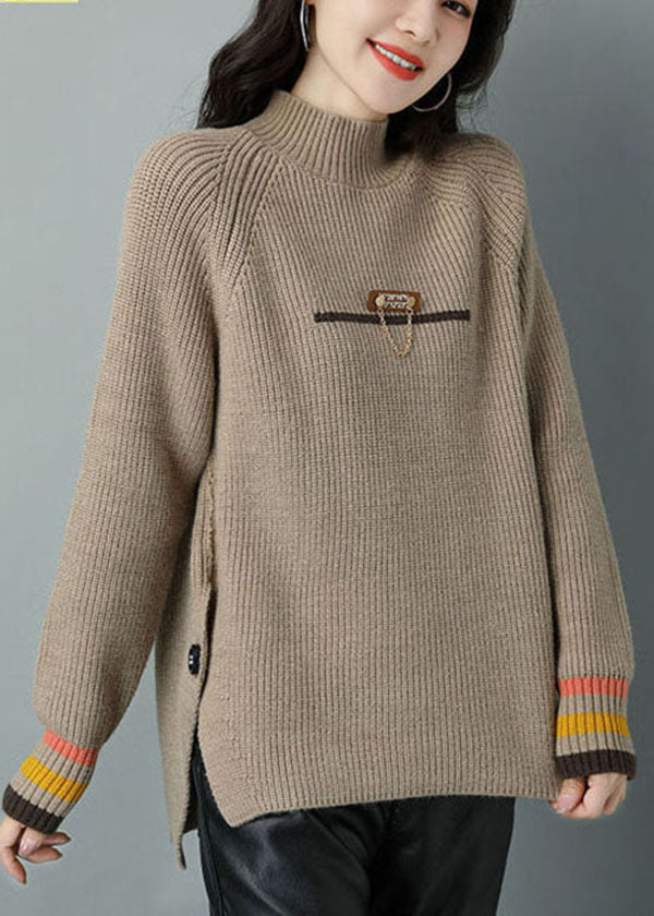 French Khaki High Neck Thick Wool Short Sweater Winter