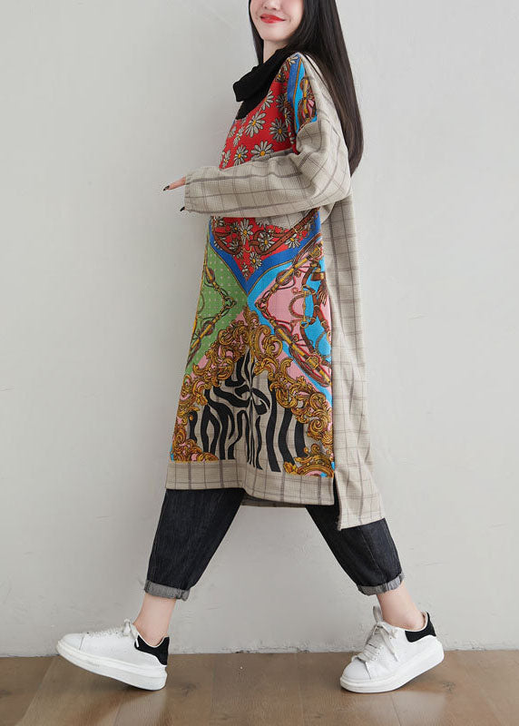 French Khaki Hign Neck Asymmetrical Design Print Warm Fleece Dresses Spring