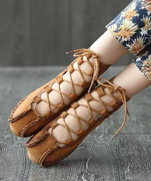 French Khaki Hollow Out Lace Up Cowhide Leather Flats Feet Shoes