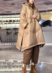 French Khaki Hooded Drawstring Duck Down Pullover Puffers Jackets Winter