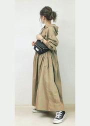 French Khaki Hooded Oversized Wrinkled Cotton Long Dresses Spring