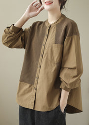 French Khaki Knit Patchwork Cotton Shirt Spring