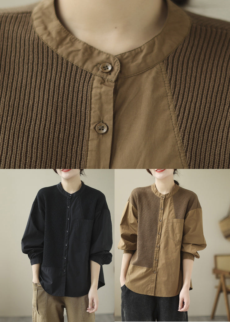 French Khaki Knit Patchwork Cotton Shirt Spring