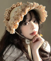 French Khaki Lace Ruffled Patchwork Straw Woven Hat