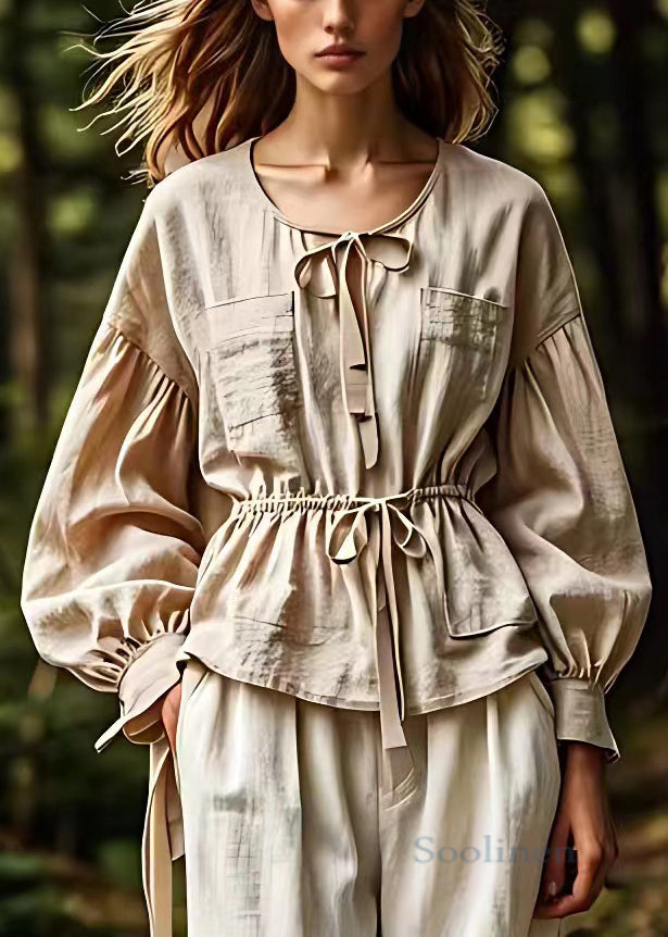 French Khaki Lace Up Solid Cotton Blouse Long Sleeve