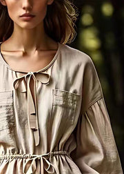 French Khaki Lace Up Solid Cotton Blouse Long Sleeve