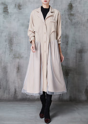 French Khaki Notched Collar Patchwork Tulle Cotton Trench Dress Spring