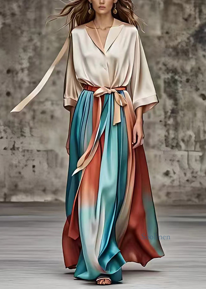French Khaki Notched Silk Maxi Dress Long Sleeve