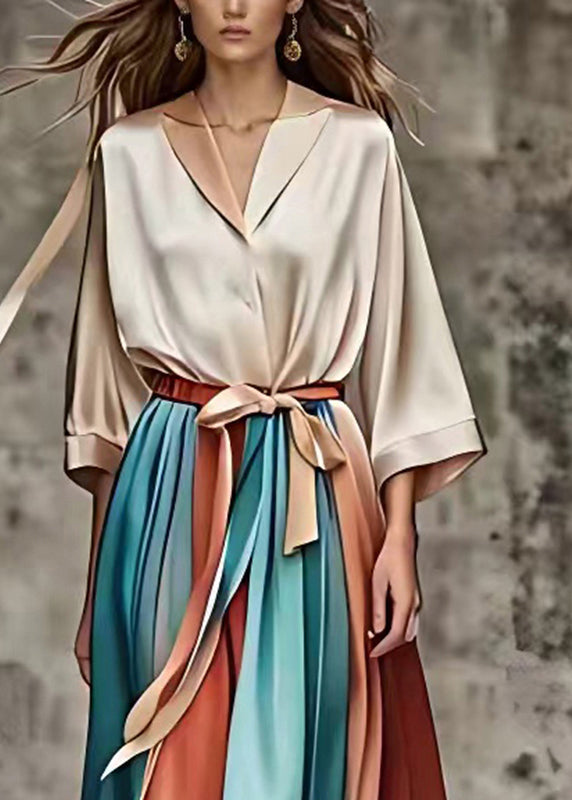 French Khaki Notched Silk Maxi Dress Long Sleeve