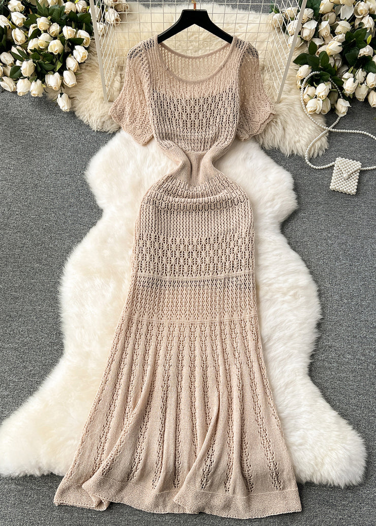 French Khaki O Neck Hollow Out Knit Two Pieces Set Summer