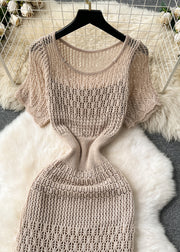 French Khaki O Neck Hollow Out Knit Two Pieces Set Summer