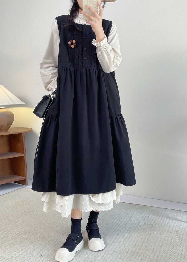 French Khaki O-Neck Lace Patchwork Long Dress Sleeveless