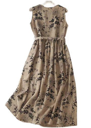 French Khaki O Neck Print Tie Waist Cotton Long Dresses Sleeveless