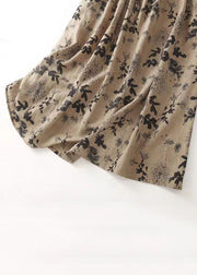 French Khaki O Neck Print Tie Waist Cotton Long Dresses Sleeveless