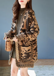 French Khaki Oversized Jacquard Knit Cardigans Winter