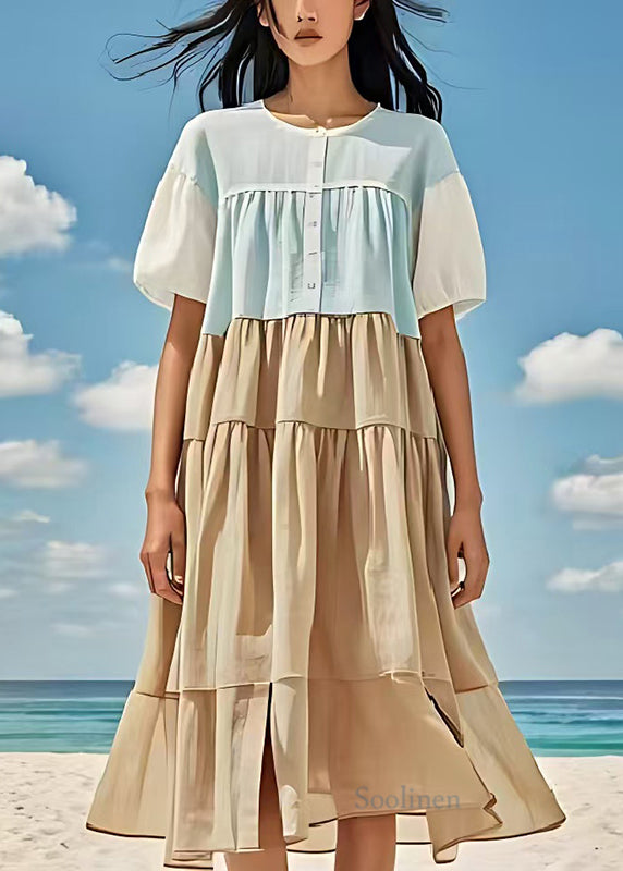 French Khaki Oversized Patchwork Cotton Robe Dresses Summer