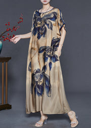 French Khaki Oversized Print Silk Robe Dresses Summer