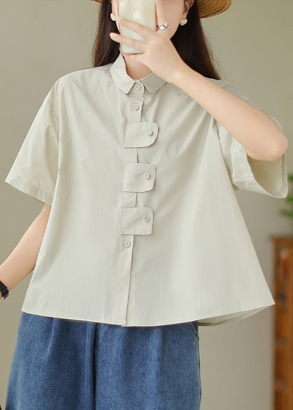 French Khaki Peter Pan Collar Button Cotton Blouses Summer