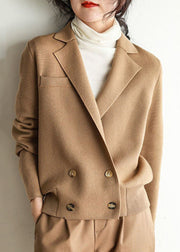 French Khaki Peter Pan Collar Button Patchwork Knit Coats Fall