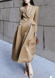 French Khaki Peter Pan Collar Button Silk Long Trench Coat Spring