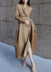 French Khaki Peter Pan Collar Button Silk Long Trench Coat Spring