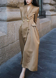 French Khaki Peter Pan Collar Button Silk Long Trench Coat Spring