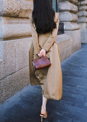 French Khaki Peter Pan Collar Button Silk Long Trench Coat Spring